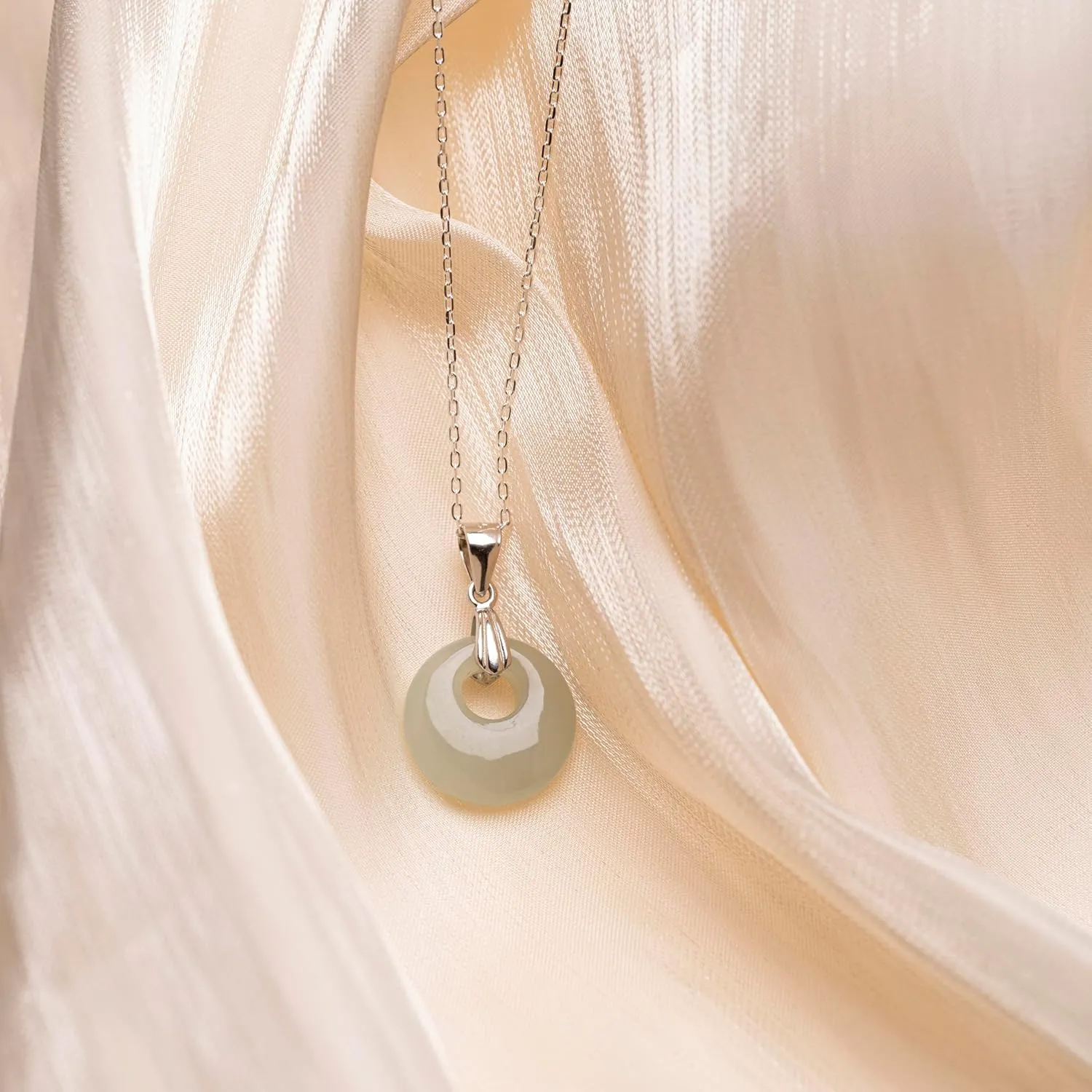 Lucky Green Jade Pendants Silver Necklace Jewelry for Women Handmade Genuine Hetian Jade 925 Sterling Silver Simple Classic Style Bring Good Fortune Great Gift for Her