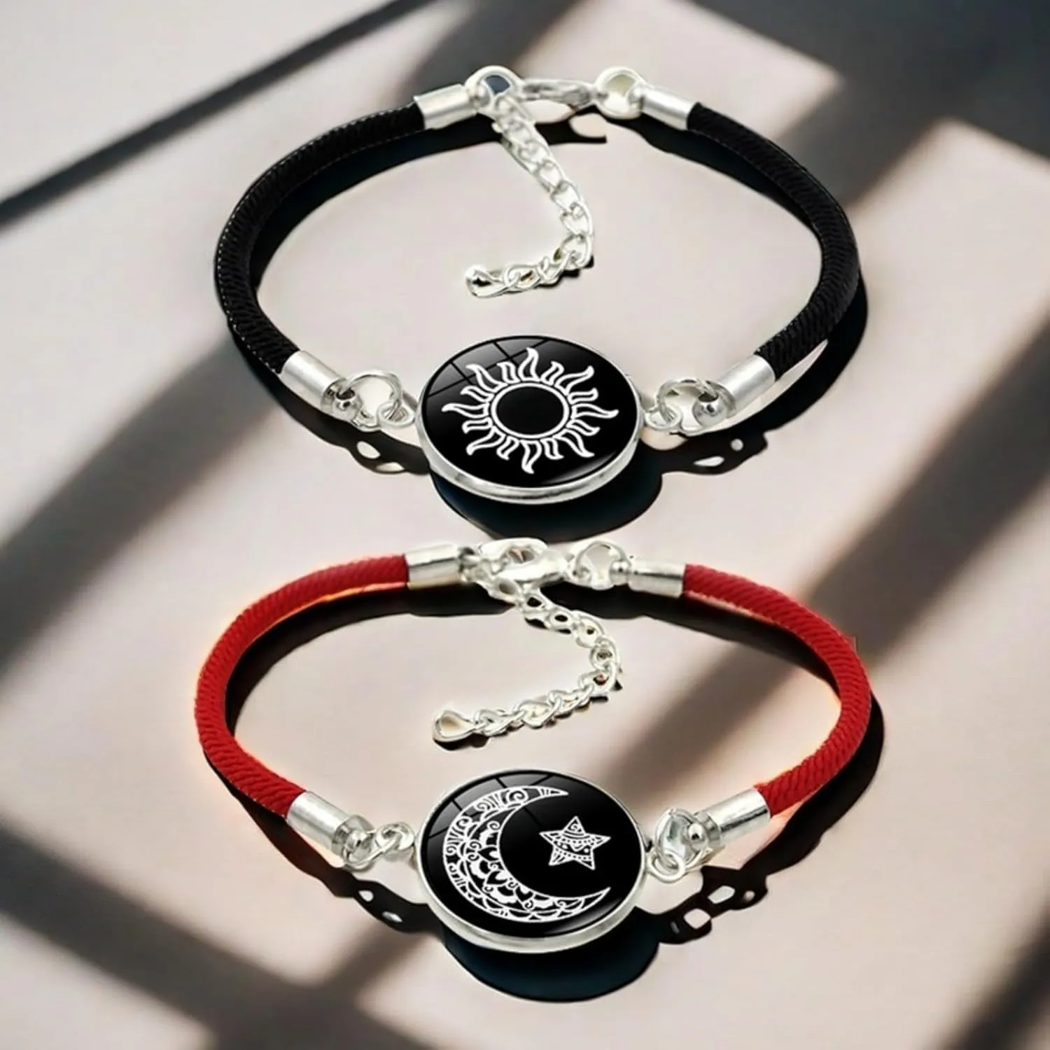 Luminous Sun and Moon Couple Bracelet - Glow in the Dark Matching Braided Leather Jewelry for Couples, Adjustable Long Distance Love Gift for Him & Her