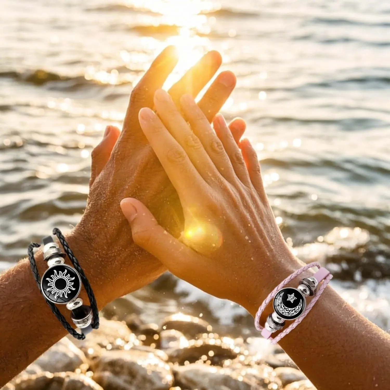 Luminous Sun and Moon Couple Bracelet - Glow in the Dark Matching Braided Leather Jewelry for Couples, Adjustable Long Distance Love Gift for Him & Her