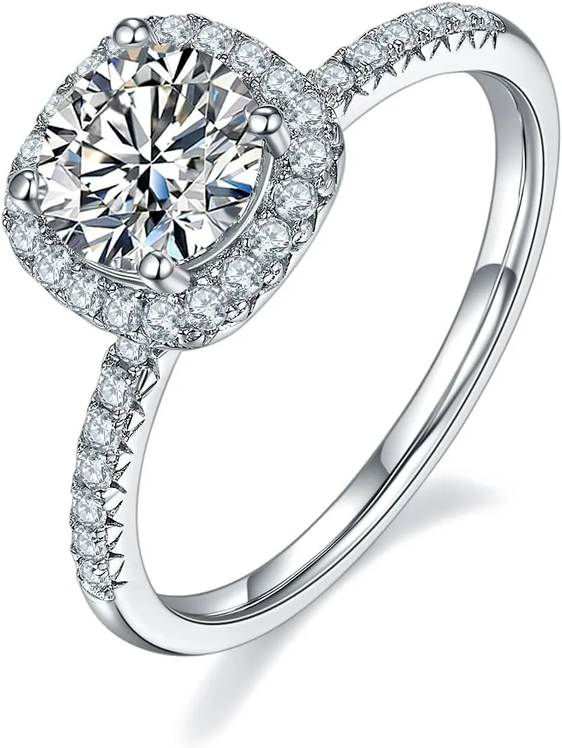LUSHE Square Halo Moissanite Rings Engagement Rings VVSI Excellent D color 925 Sterling Silver Moissanite Wedding Bands 1-2 CT