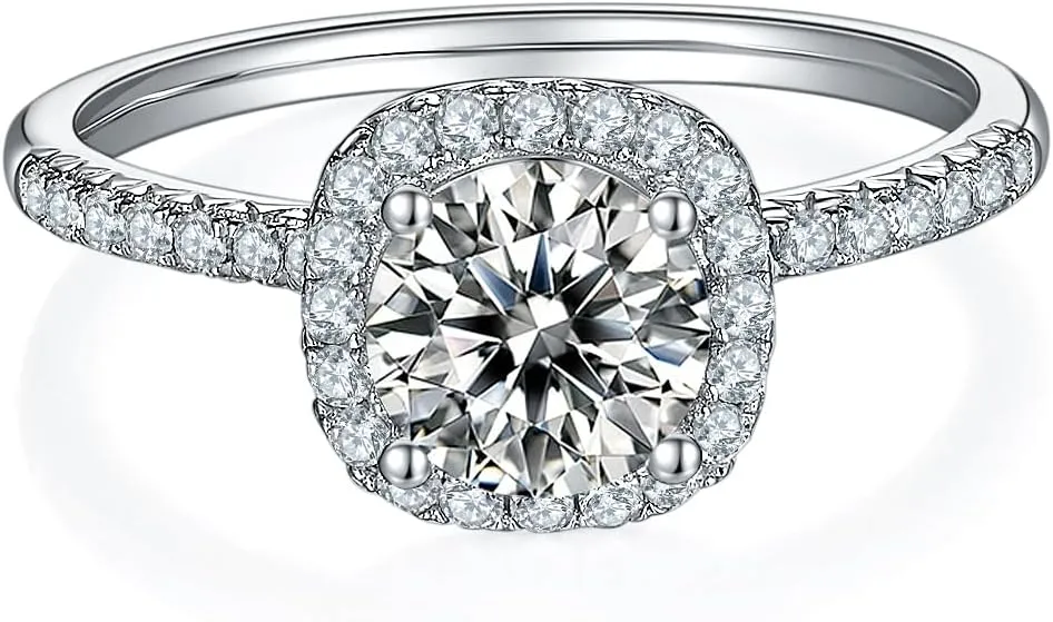 LUSHE Square Halo Moissanite Rings Engagement Rings VVSI Excellent D color 925 Sterling Silver Moissanite Wedding Bands 1-2 CT