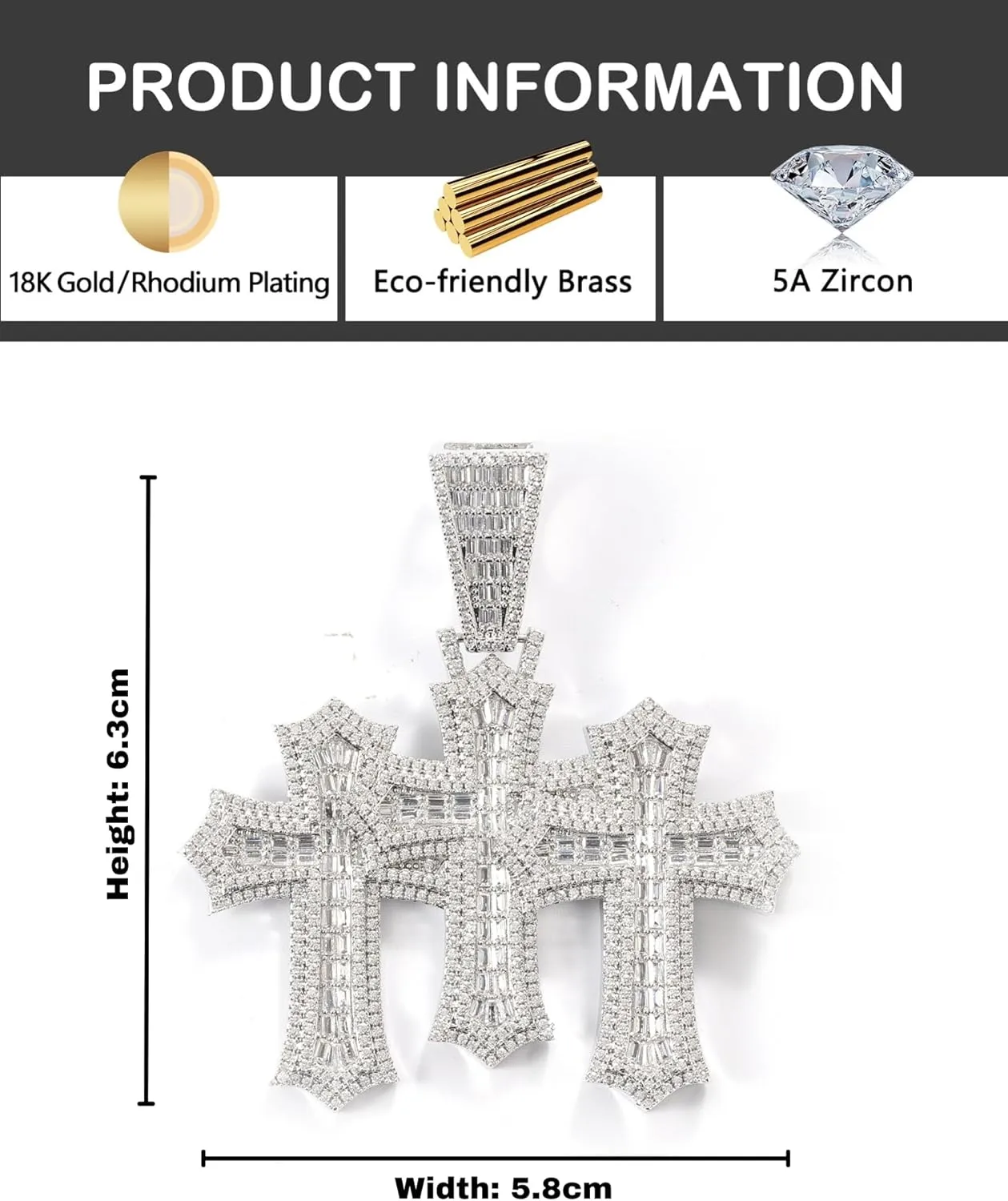 LuxeFlex Iced Out Baguette Diamond Cross Pendant, 14K Gold Plated Religious Three Stacked up Gothic Cross Necklace, Hip-Hop Jewelry for Men Women