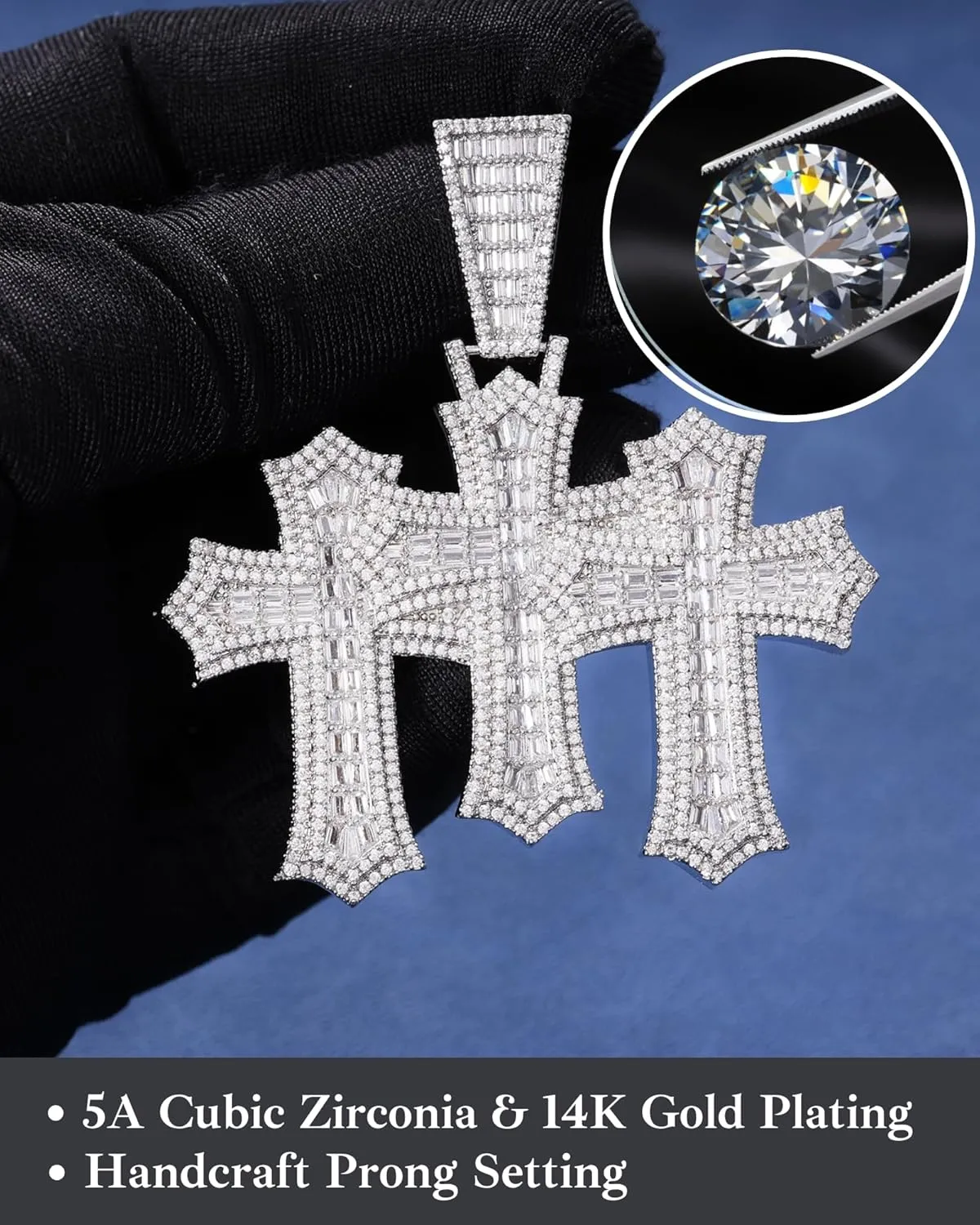 LuxeFlex Iced Out Baguette Diamond Cross Pendant, 14K Gold Plated Religious Three Stacked up Gothic Cross Necklace, Hip-Hop Jewelry for Men Women