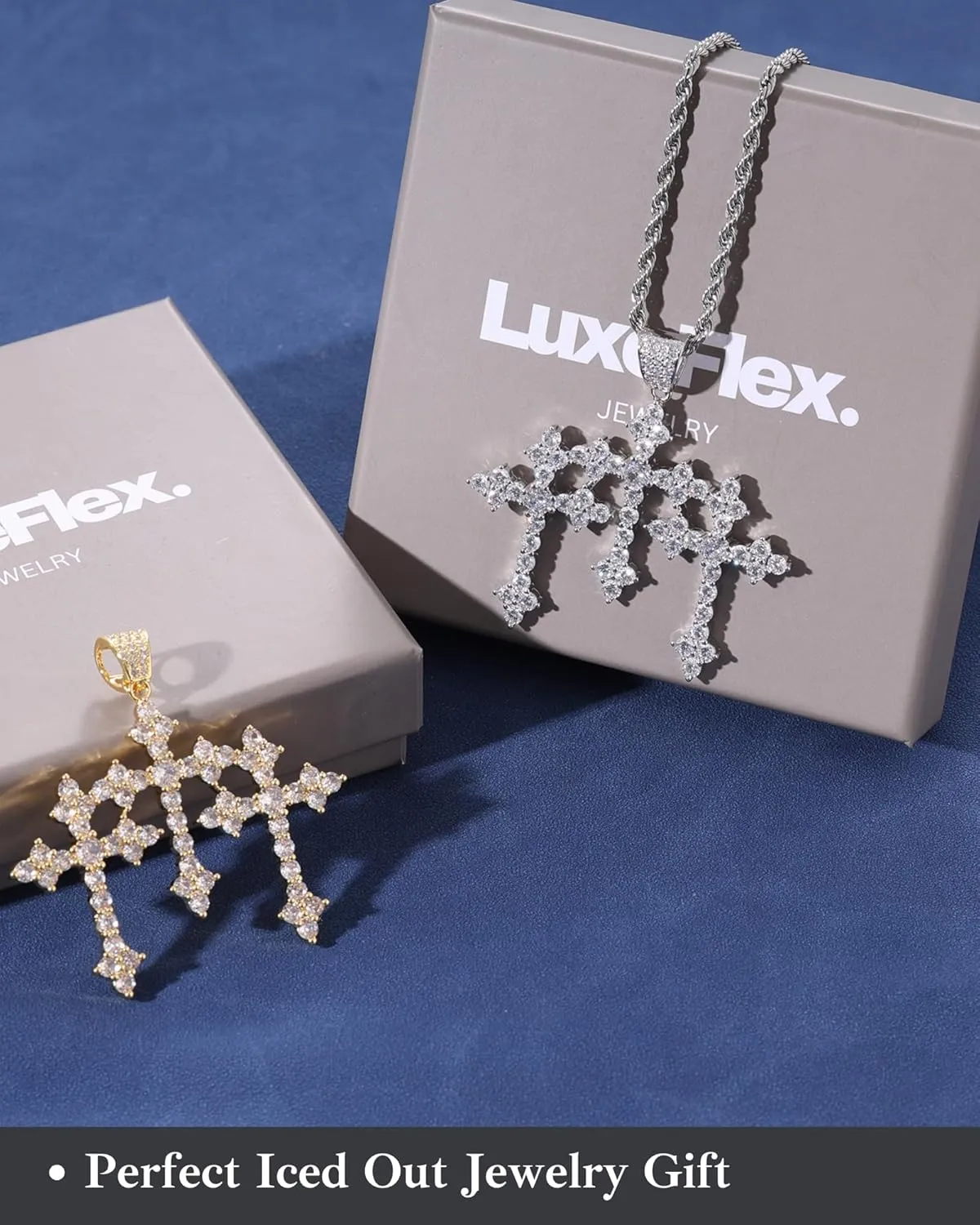 LuxeFlex Iced Out Baguette Diamond Cross Pendant, 14K Gold Plated Religious Three Stacked up Gothic Cross Necklace, Hip-Hop Jewelry for Men Women