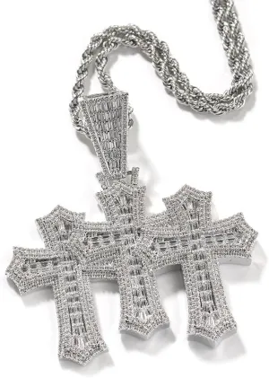 LuxeFlex Iced Out Baguette Diamond Cross Pendant, 14K Gold Plated Religious Three Stacked up Gothic Cross Necklace, Hip-Hop Jewelry for Men Women