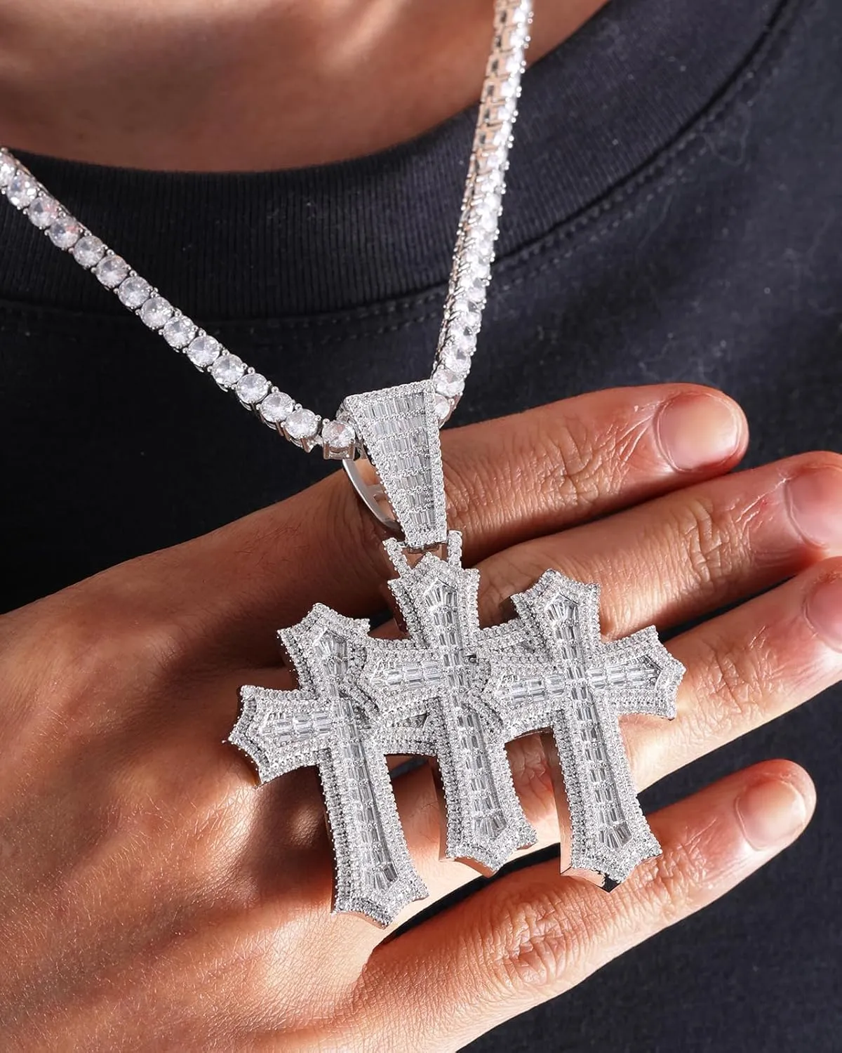 LuxeFlex Iced Out Baguette Diamond Cross Pendant, 14K Gold Plated Religious Three Stacked up Gothic Cross Necklace, Hip-Hop Jewelry for Men Women