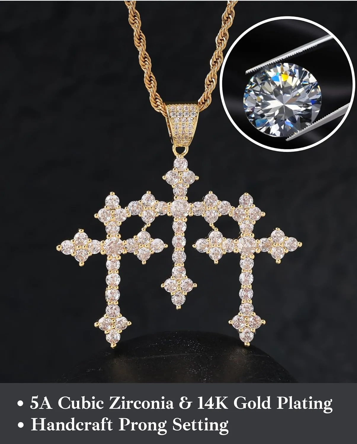 LuxeFlex Iced Out Baguette Diamond Cross Pendant, 14K Gold Plated Religious Three Stacked up Gothic Cross Necklace, Hip-Hop Jewelry for Men Women