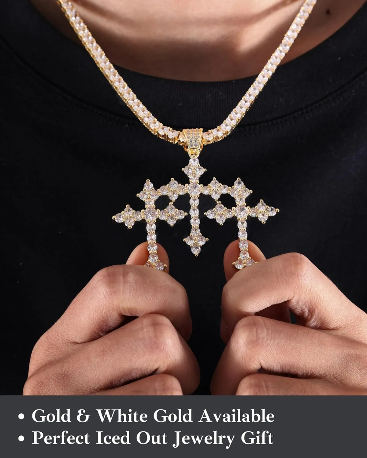 LuxeFlex Iced Out Baguette Diamond Cross Pendant, 14K Gold Plated Religious Three Stacked up Gothic Cross Necklace, Hip-Hop Jewelry for Men Women