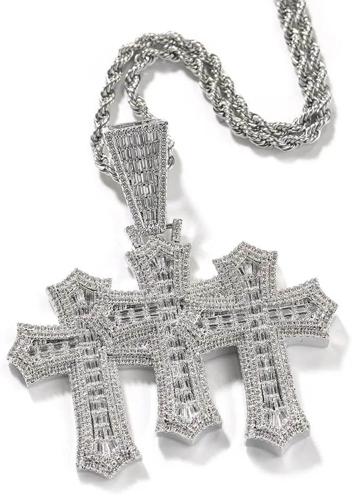 LuxeFlex Iced Out Baguette Diamond Cross Pendant, 14K Gold Plated Religious Three Stacked up Gothic Cross Necklace, Hip-Hop Jewelry for Men Women