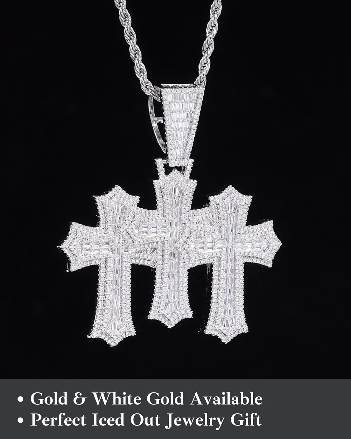 LuxeFlex Iced Out Baguette Diamond Cross Pendant, 14K Gold Plated Religious Three Stacked up Gothic Cross Necklace, Hip-Hop Jewelry for Men Women