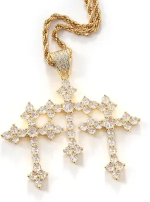 LuxeFlex Iced Out Baguette Diamond Cross Pendant, 14K Gold Plated Religious Three Stacked up Gothic Cross Necklace, Hip-Hop Jewelry for Men Women