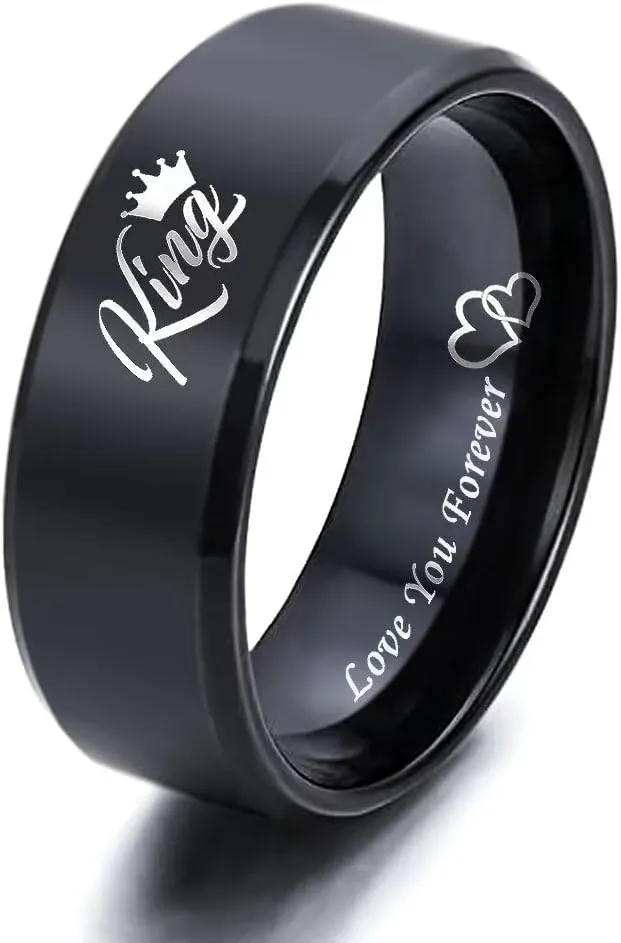 LWJYX Love You Forever King Queen Couple Ring,Heart to Heart Anniversary Promise Wedding Bands,Stainless Steel Lovers Ring 8mm 6mm Black