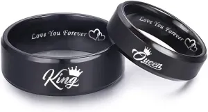 LWJYX Love You Forever King Queen Couple Ring,Heart to Heart Anniversary Promise Wedding Bands,Stainless Steel Lovers Ring 8mm 6mm Black
