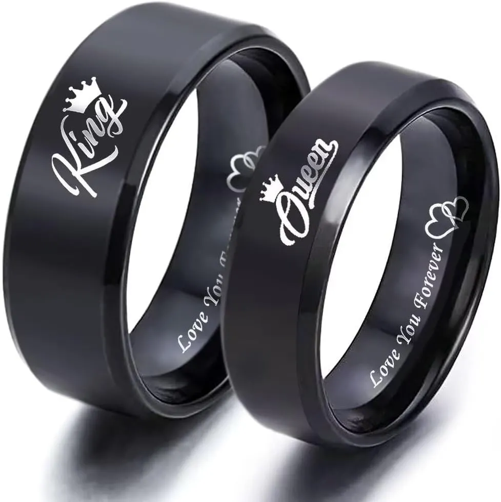 LWJYX Love You Forever King Queen Couple Ring,Heart to Heart Anniversary Promise Wedding Bands,Stainless Steel Lovers Ring 8mm 6mm Black