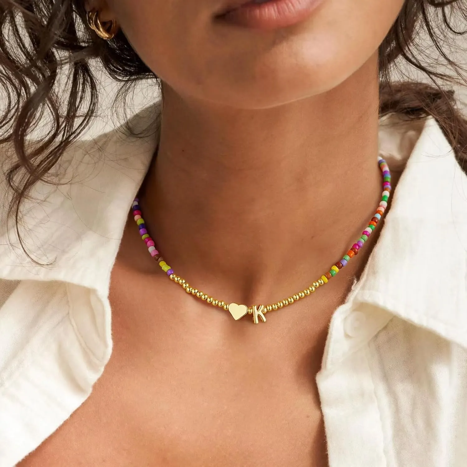 M MOOHAM Cute 3D Initial Necklaces for Girls Women Gifts - Colorful Beaded Tiny Heart Initial Necklace Choker Letter Necklace Jewelry for Teen Girls Trendy Birthday Graduation Dance Recital Gifts