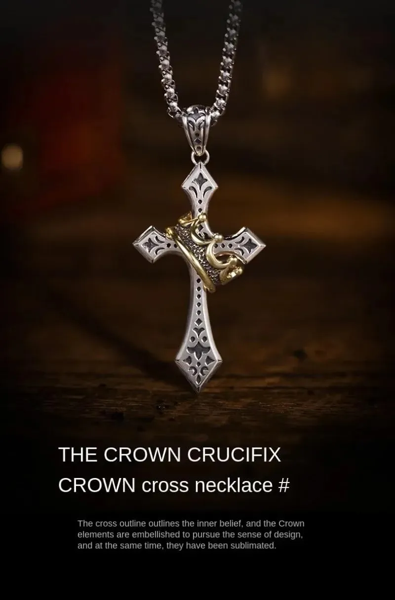 Mai & Claire 925 Sterling Silver Crown Cross Necklace For Women And Men - Retro Crucifix Of Thorns Pendant, Jesus Christ Cross Chain With Diadem