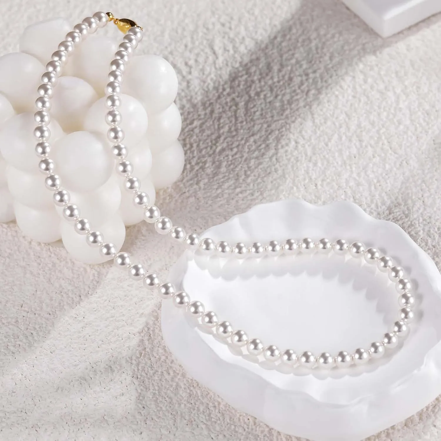 Mameloly Pearl Necklaces for Women Dainty 925 Sterling Silver 18K Gold Plated 6MM Simulated White Pearl Choker Necklace Strand for Her Engagement Wedding Birdal