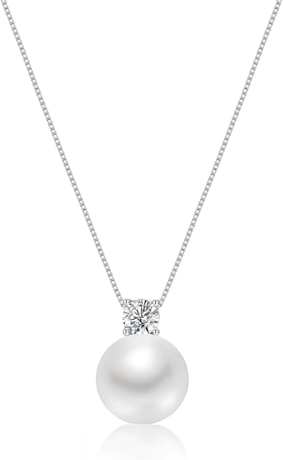 Mameloly Pearl Necklaces for Women Dainty 925 Sterling Silver Cubic Zirconia CZ 10MM Single White Pearl Pendant Necklace for Her Engagement Wedding Birdal