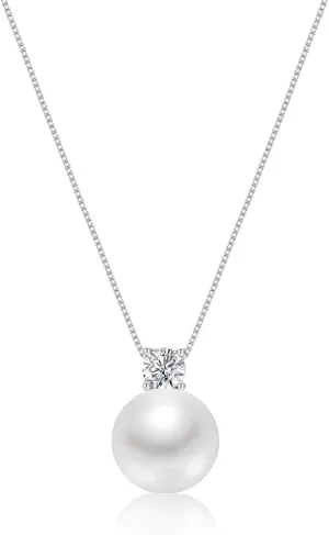 Mameloly Pearl Necklaces for Women Dainty 925 Sterling Silver Cubic Zirconia CZ 10MM Single White Pearl Pendant Necklace for Her Engagement Wedding Birdal