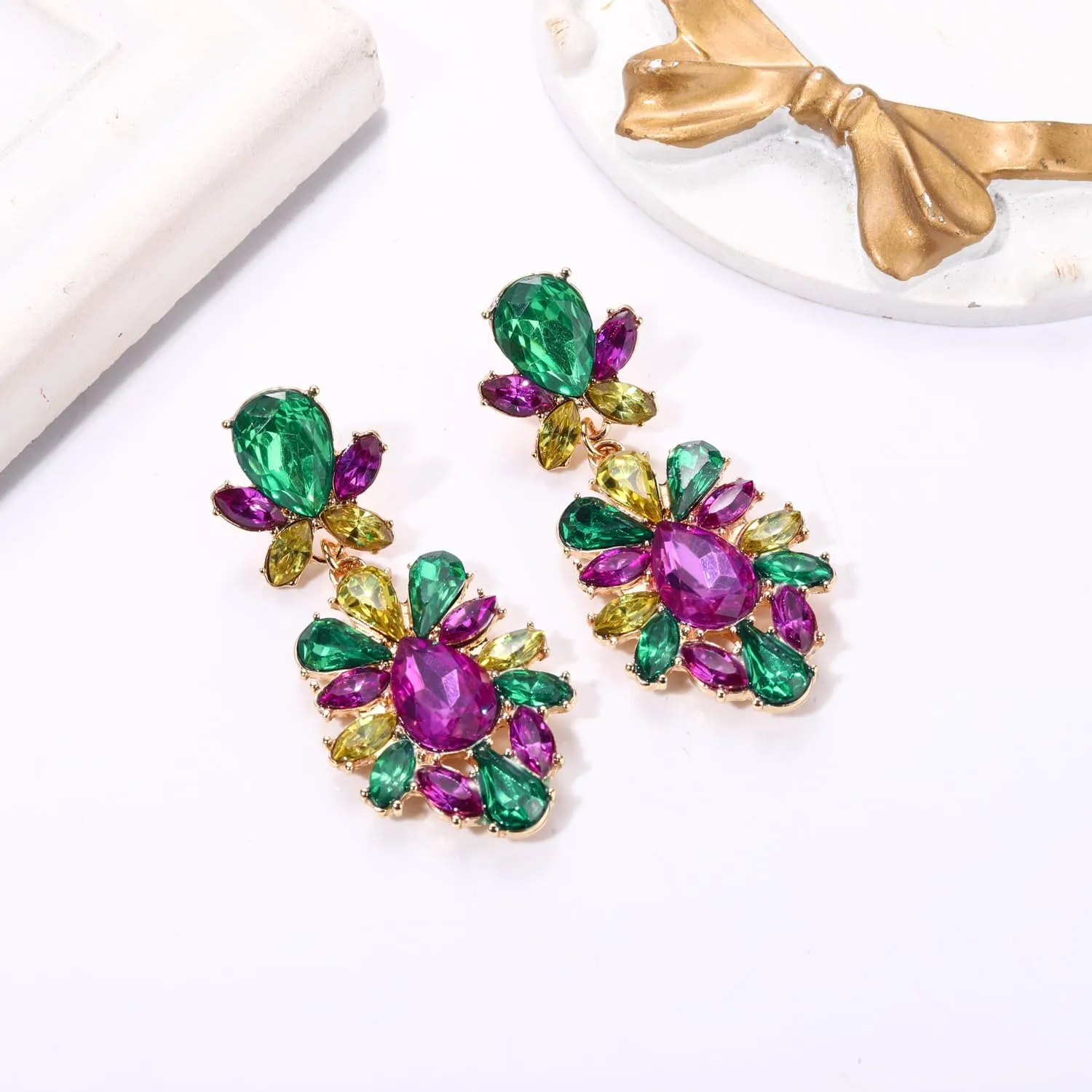 Mardi Gras Earrings for Women Multi Marquise Stone Flower Teardrop Dangle Earrings Carnival Holiday Earrings Fat Tuesday Festive Party Jewelry Gifts