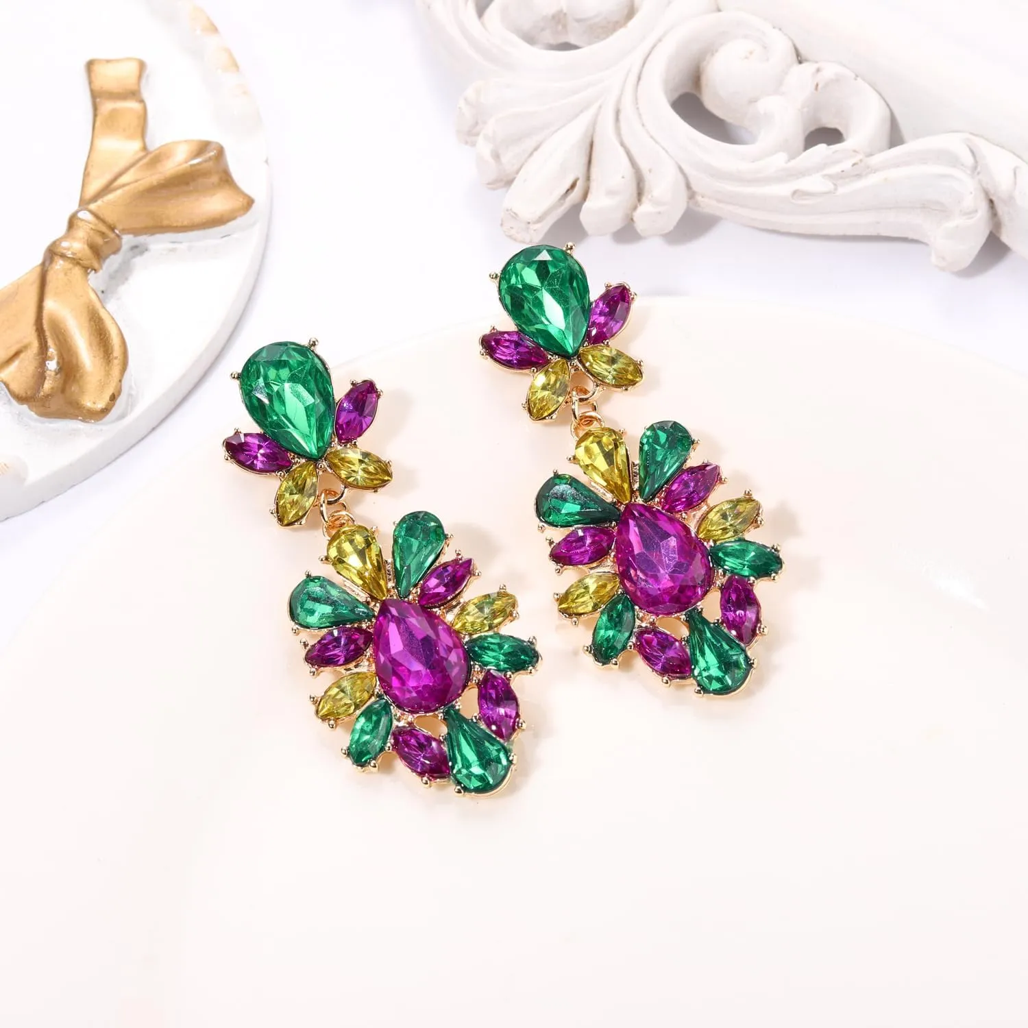 Mardi Gras Earrings for Women Multi Marquise Stone Flower Teardrop Dangle Earrings Carnival Holiday Earrings Fat Tuesday Festive Party Jewelry Gifts