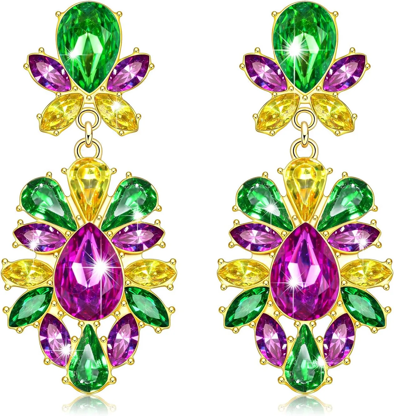 Mardi Gras Earrings for Women Multi Marquise Stone Flower Teardrop Dangle Earrings Carnival Holiday Earrings Fat Tuesday Festive Party Jewelry Gifts