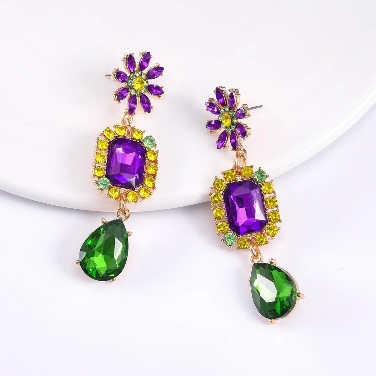 Mardi Gras Earrings for Women Rhinestone Flower Teardrop Dangle Earrings Carnival Holiday Earrings Fat Tuesday Festive Party Jewelry Gifts