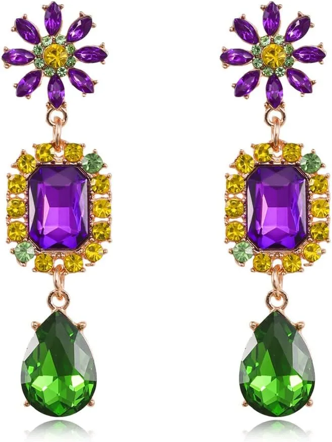 Mardi Gras Earrings for Women Rhinestone Flower Teardrop Dangle Earrings Carnival Holiday Earrings Fat Tuesday Festive Party Jewelry Gifts
