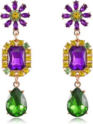 Mardi Gras Earrings for Women Rhinestone Flower Teardrop Dangle Earrings Carnival Holiday Earrings Fat Tuesday Festive Party Jewelry Gifts