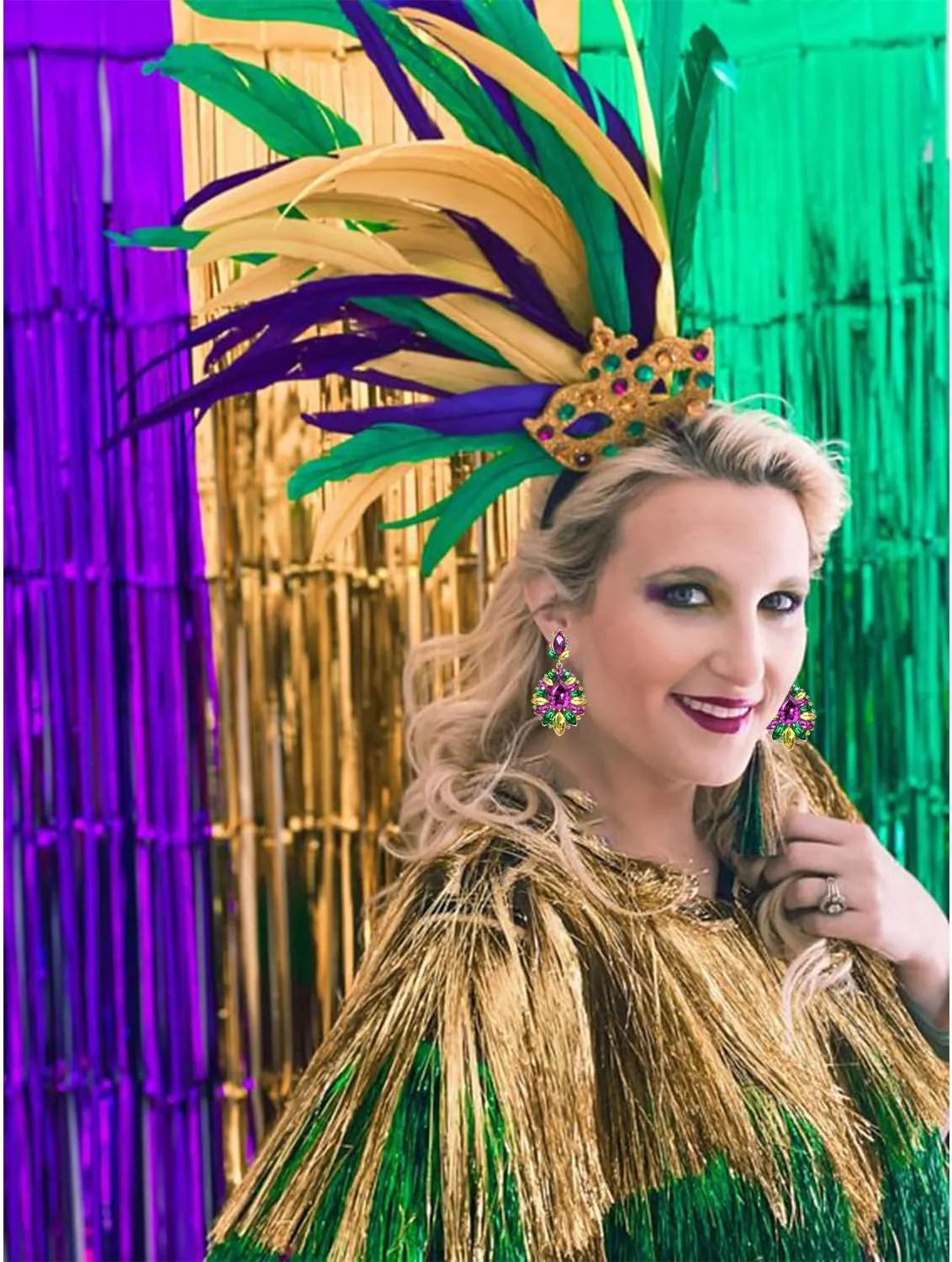 Mardi Gras Earrings for Women, Rhinestone Mardi Gras Accessory, Purple Green Gold Crystal Earrings Fat Tuesday Carnival Parade Party Jewelry Gifts