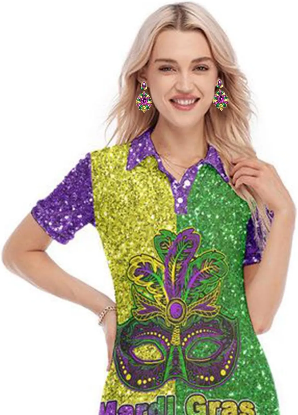 Mardi Gras Earrings for Women, Rhinestone Mardi Gras Accessory, Purple Green Gold Crystal Earrings Fat Tuesday Carnival Parade Party Jewelry Gifts