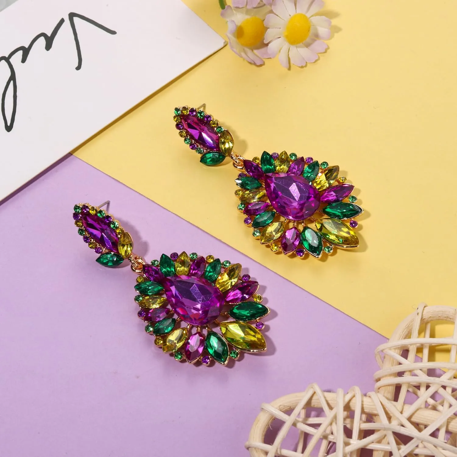 Mardi Gras Earrings for Women, Rhinestone Mardi Gras Accessory, Purple Green Gold Crystal Earrings Fat Tuesday Carnival Parade Party Jewelry Gifts