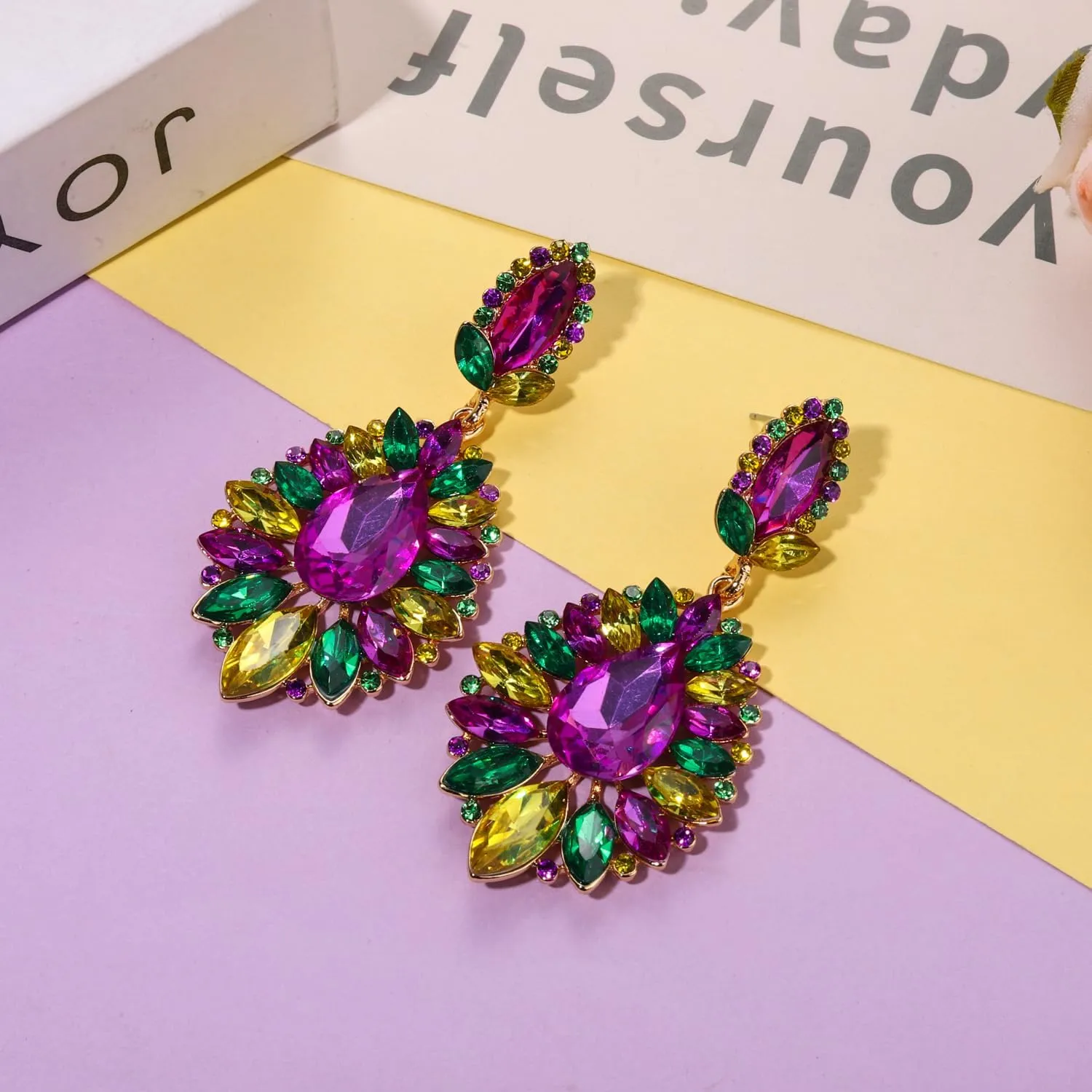 Mardi Gras Earrings for Women, Rhinestone Mardi Gras Accessory, Purple Green Gold Crystal Earrings Fat Tuesday Carnival Parade Party Jewelry Gifts
