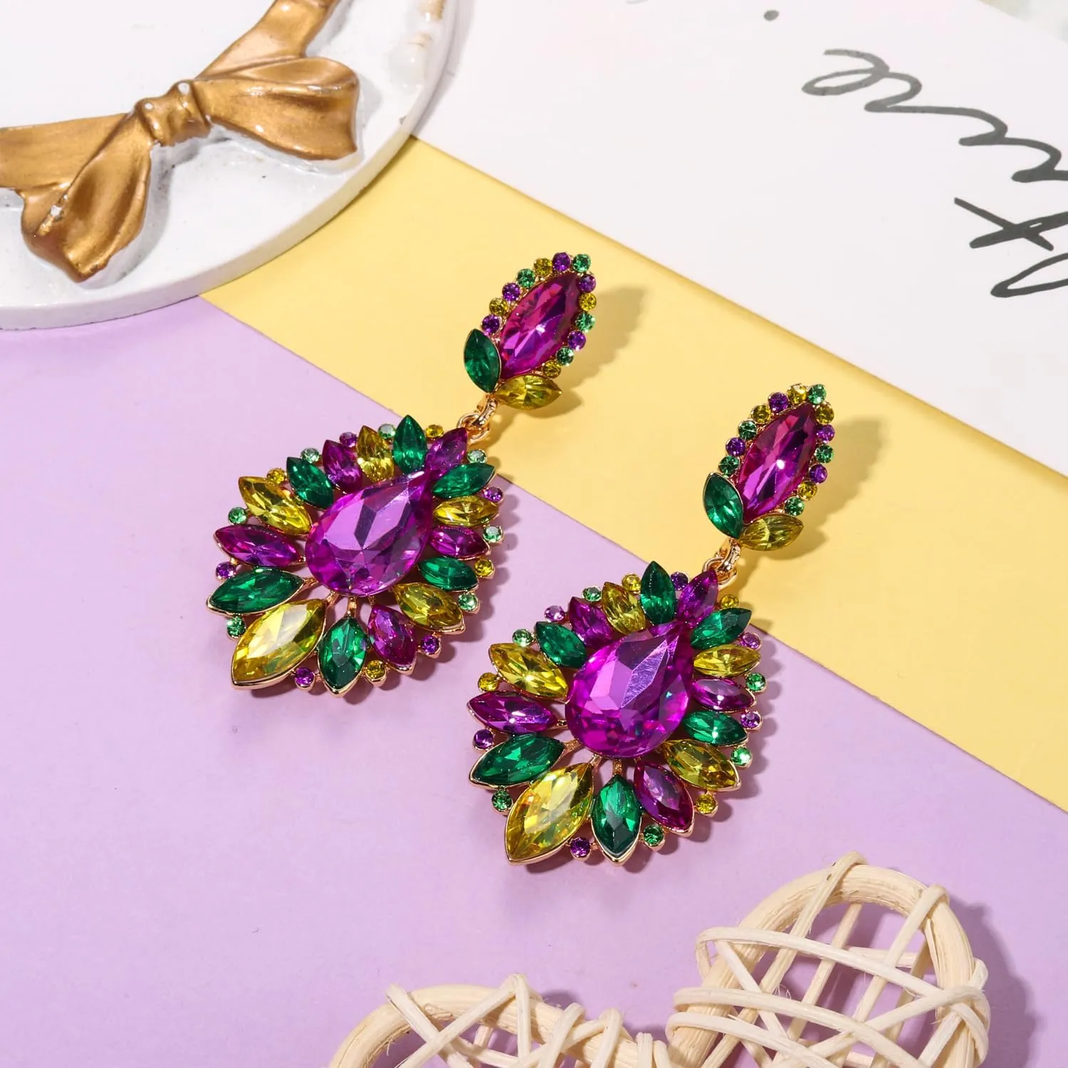 Mardi Gras Earrings for Women, Rhinestone Mardi Gras Accessory, Purple Green Gold Crystal Earrings Fat Tuesday Carnival Parade Party Jewelry Gifts