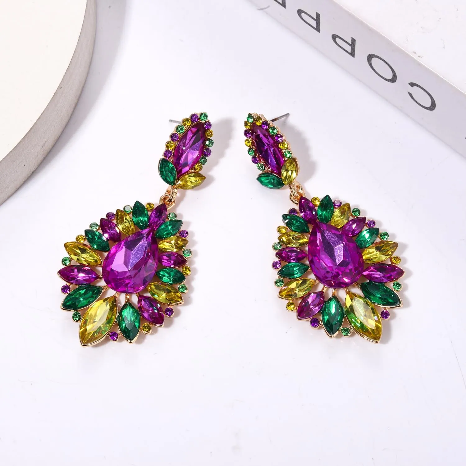 Mardi Gras Earrings for Women, Rhinestone Mardi Gras Accessory, Purple Green Gold Crystal Earrings Fat Tuesday Carnival Parade Party Jewelry Gifts