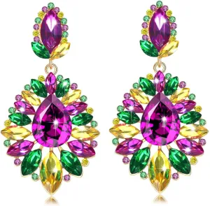 Mardi Gras Earrings for Women, Rhinestone Mardi Gras Accessory, Purple Green Gold Crystal Earrings Fat Tuesday Carnival Parade Party Jewelry Gifts