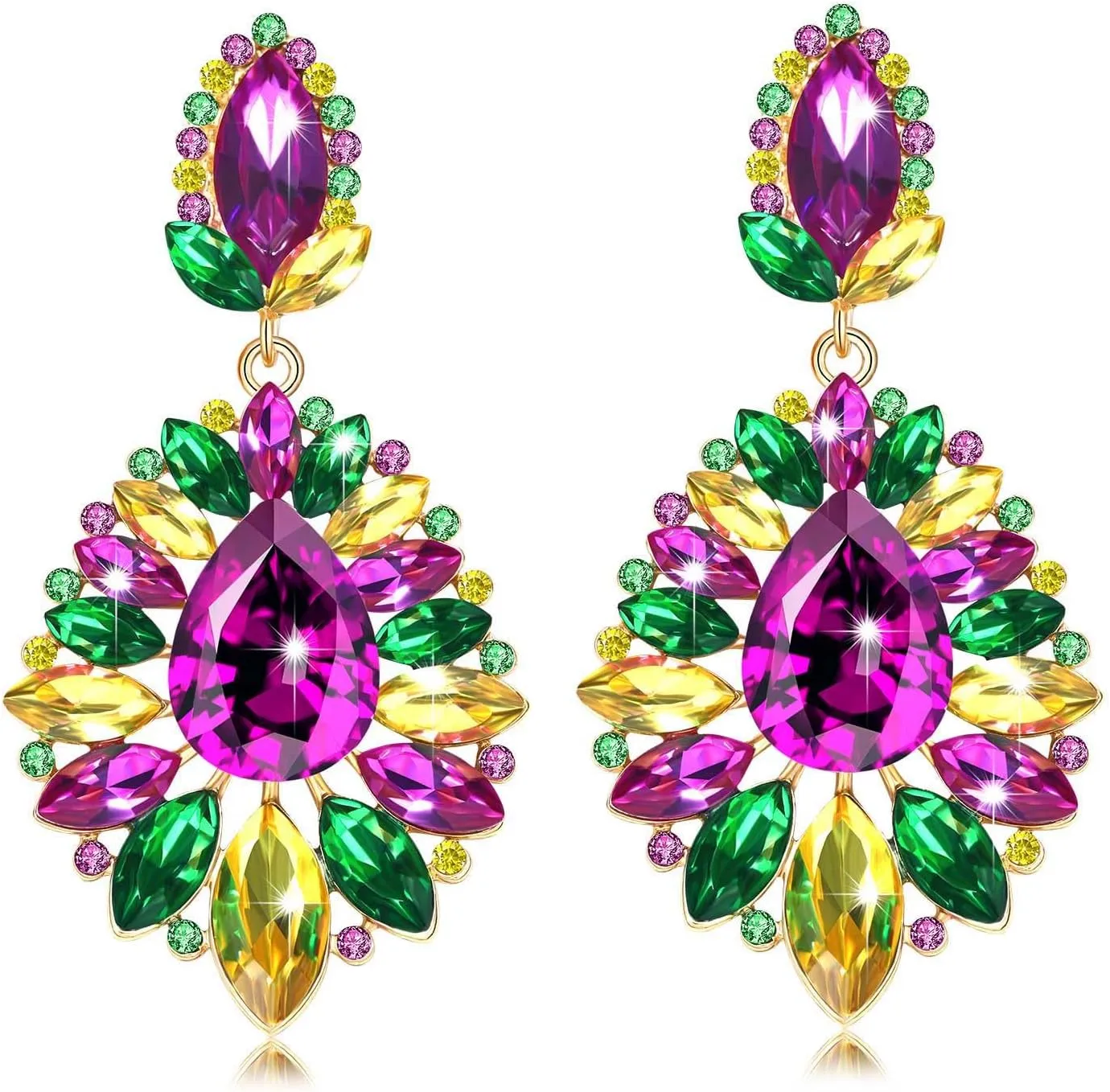 Mardi Gras Earrings for Women, Rhinestone Mardi Gras Accessory, Purple Green Gold Crystal Earrings Fat Tuesday Carnival Parade Party Jewelry Gifts