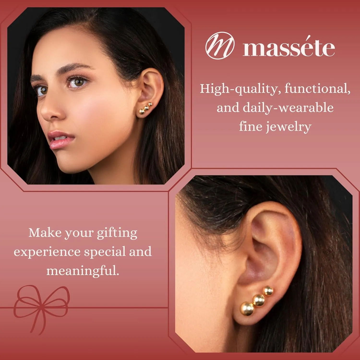 MASSETE Gold Ball Stud Earrings for Women and Girls | 10k, 14k | White Yellow or Rose Gold | 5mm -12mm | Nickel Free