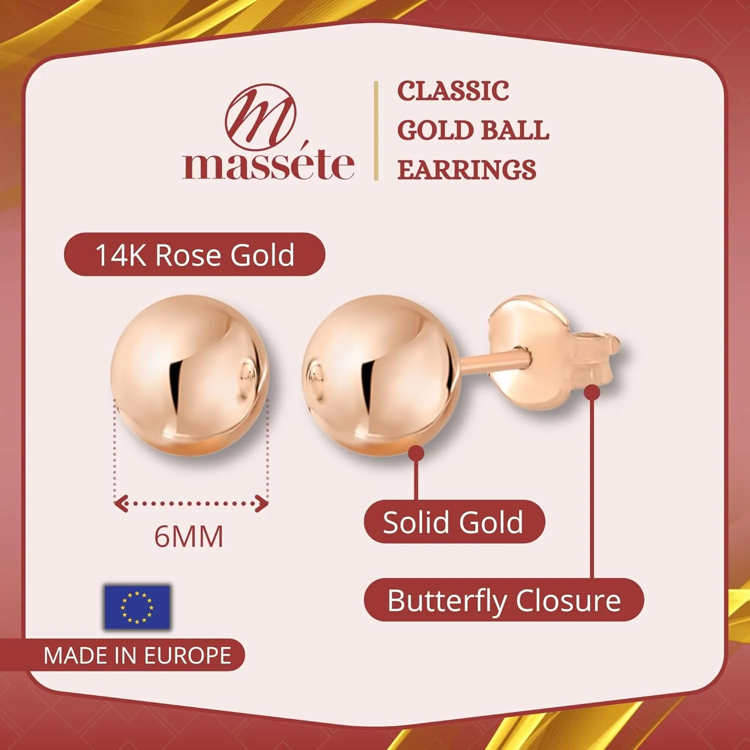 MASSETE Gold Ball Stud Earrings for Women and Girls | 10k, 14k | White Yellow or Rose Gold | 5mm -12mm | Nickel Free