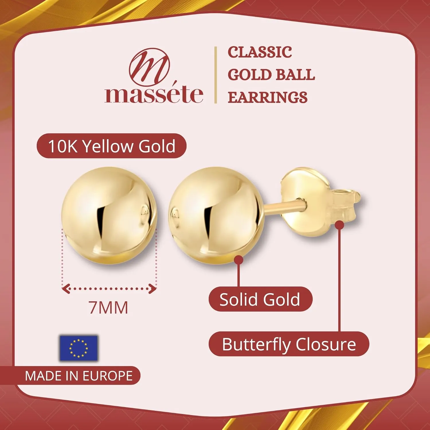 MASSETE Gold Ball Stud Earrings for Women and Girls | 10k, 14k | White Yellow or Rose Gold | 5mm -12mm | Nickel Free