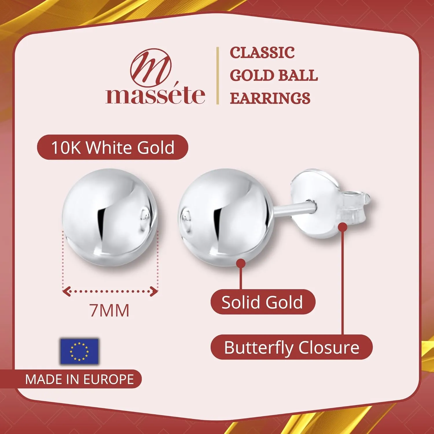 MASSETE Gold Ball Stud Earrings for Women and Girls | 10k, 14k | White Yellow or Rose Gold | 5mm -12mm | Nickel Free