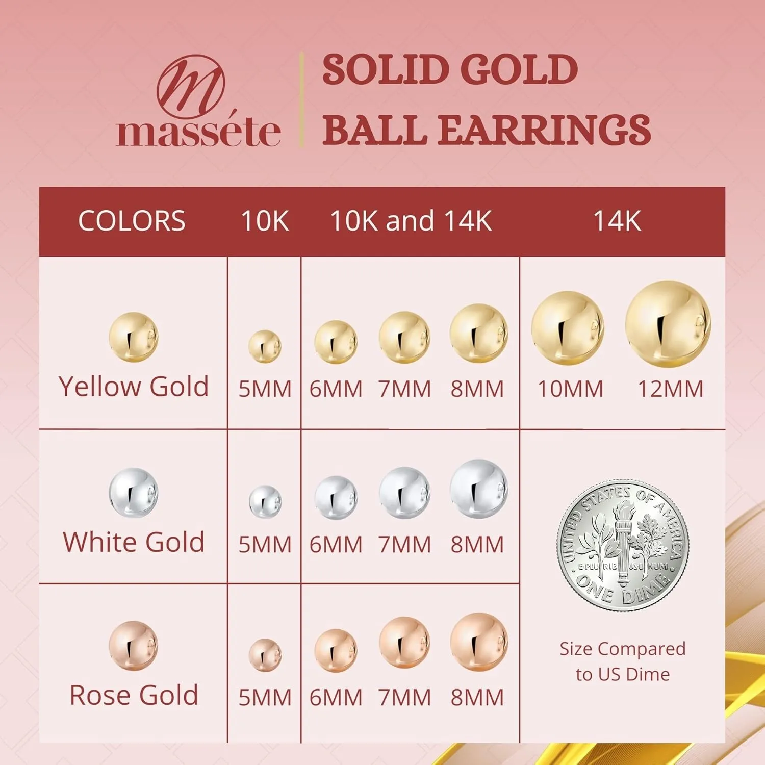 MASSETE Gold Ball Stud Earrings for Women and Girls | 10k, 14k | White Yellow or Rose Gold | 5mm -12mm | Nickel Free