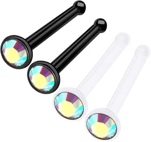 MATIGA 4Pcs Black Anodized Bioflex Clear 18g 20g 9/32 7mm Nose Studs Piercing Jewelry 2.5mm Crystal More Choices