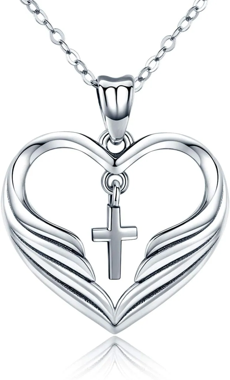 MEDWISE Religious Necklace Jewelry Cross Guardian Angel Wings Necklace Pendant Love Heart Bless Best Wishes Necklace Pendants Love and Redemption Necklace Sterling Silver S925 Gifts for Women