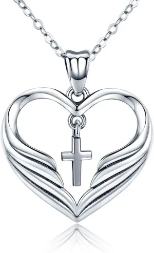 MEDWISE Religious Necklace Jewelry Cross Guardian Angel Wings Necklace Pendant Love Heart Bless Best Wishes Necklace Pendants Love and Redemption Necklace Sterling Silver S925 Gifts for Women