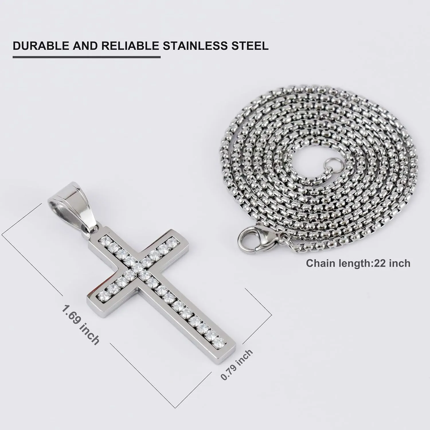 Mens Cross Necklaces Stainless Steel Cross Pendant Necklace Pave with Cubic Zirconia Women Diamond Crucifix Pendant with 22 Inches Box Chain
