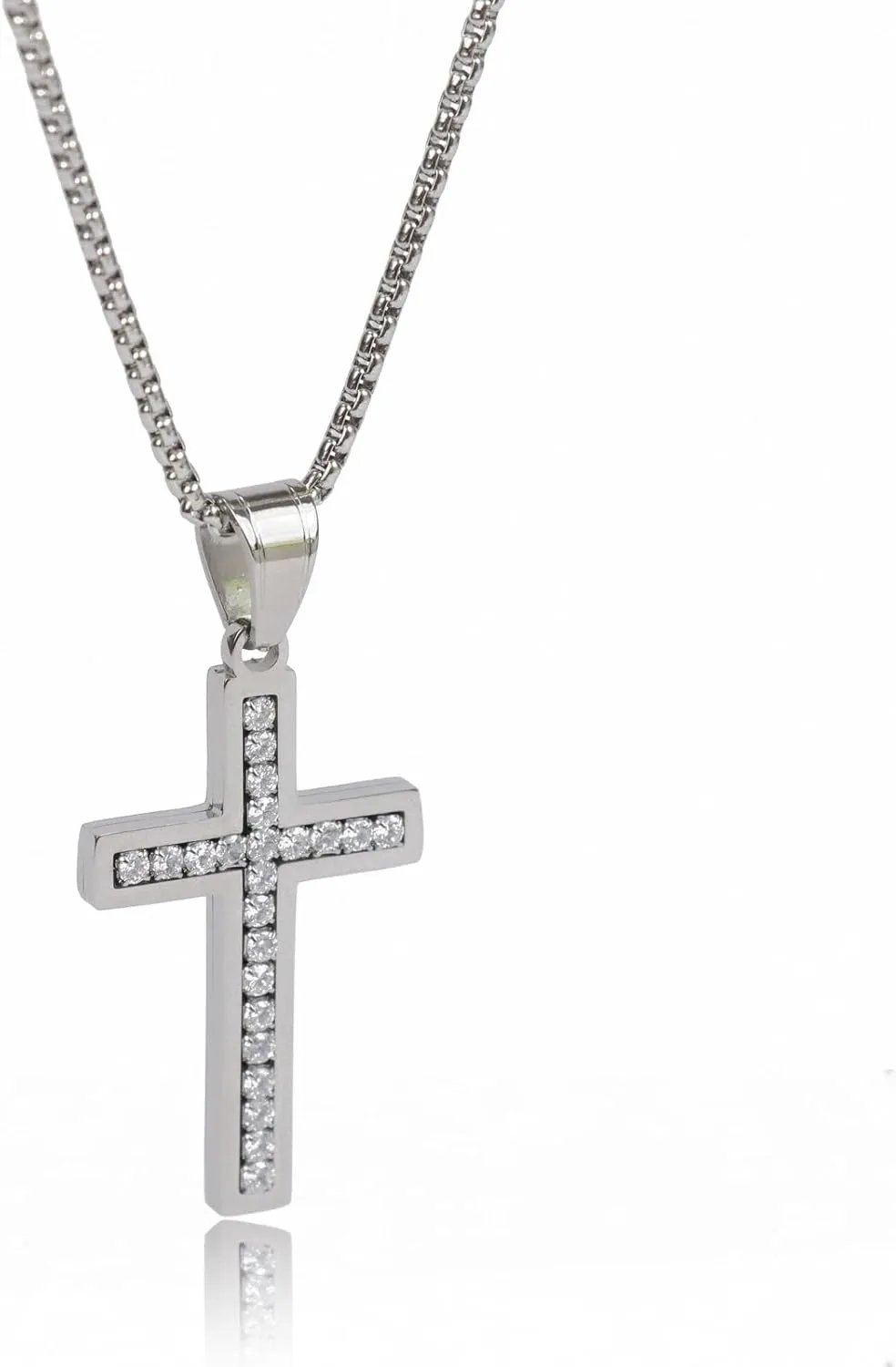 Mens Cross Necklaces Stainless Steel Cross Pendant Necklace Pave with Cubic Zirconia Women Diamond Crucifix Pendant with 22 Inches Box Chain