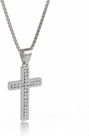 Mens Cross Necklaces Stainless Steel Cross Pendant Necklace Pave with Cubic Zirconia Women Diamond Crucifix Pendant with 22 Inches Box Chain
