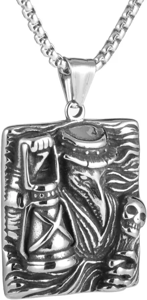 Men'S Gothic Ethnic Style Mr. Crow With A Lantern Pendant Necklace, 316L Stainless Steel Material, Silver Stainless Steel Square Pearl Chain, Vintage Amulet Jewelry