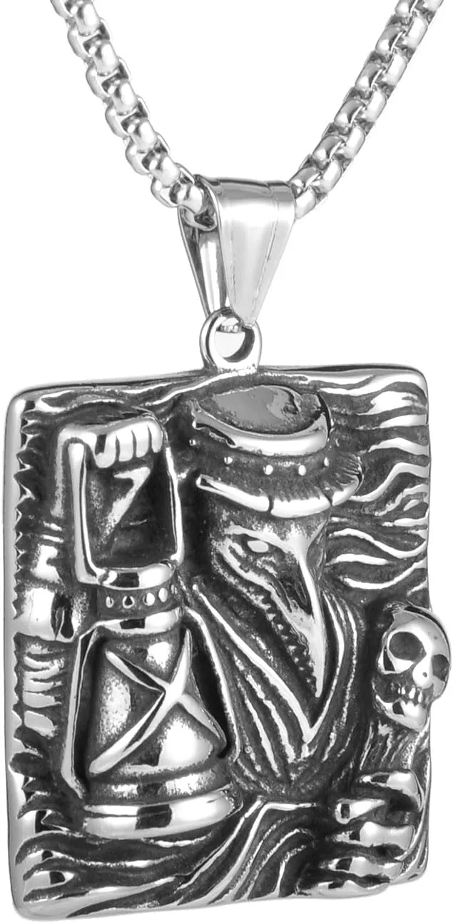 Men'S Gothic Ethnic Style Mr. Crow With A Lantern Pendant Necklace, 316L Stainless Steel Material, Silver Stainless Steel Square Pearl Chain, Vintage Amulet Jewelry